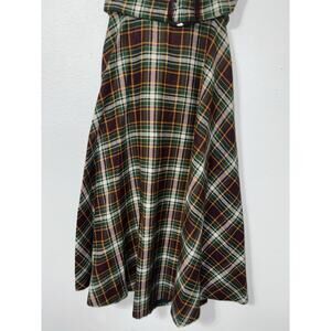 Vintage A-line Tartan plaid Skirt S Belted Long flared Swing Green Orange Modest
